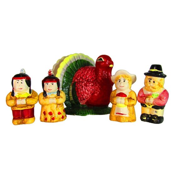 Vintage Thanksgiving Table Set Salt & Pepper Pilgrims Native American Turkey - Picture 1 of 10